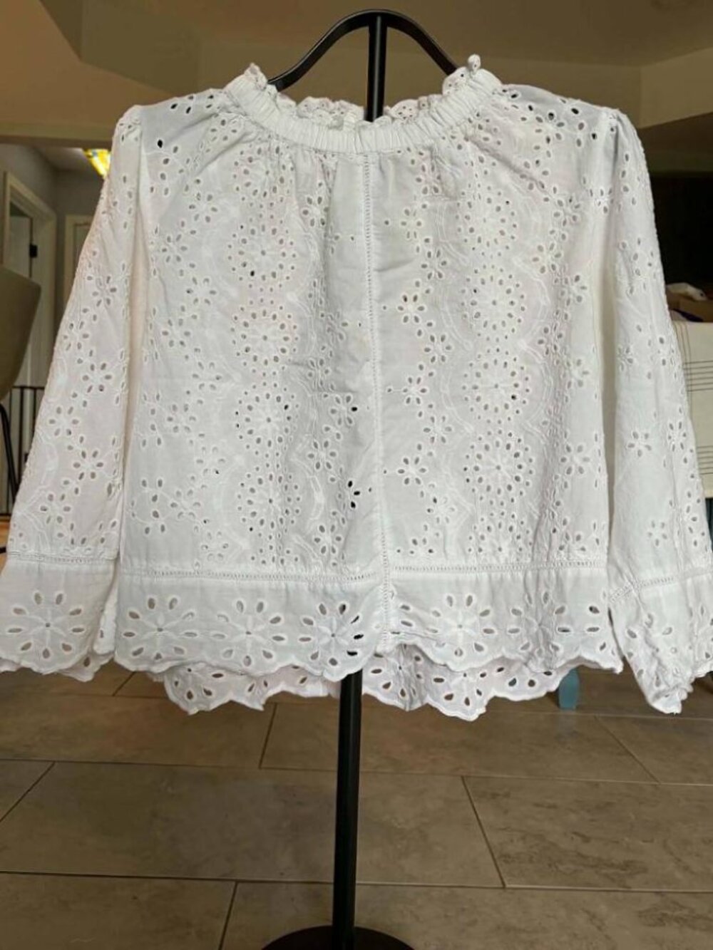 Jennifer & Grace White Cotton Eyelet Lace Button Back Balloon Sleeve Blouse XL